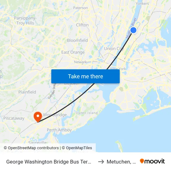 George Washington Bridge Bus Terminal to Metuchen, NJ map