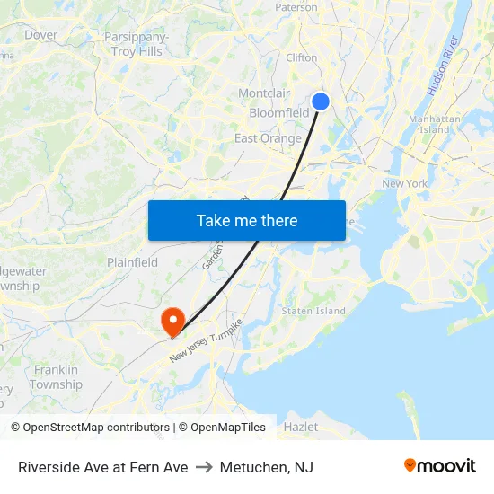Riverside Ave at Fern Ave to Metuchen, NJ map