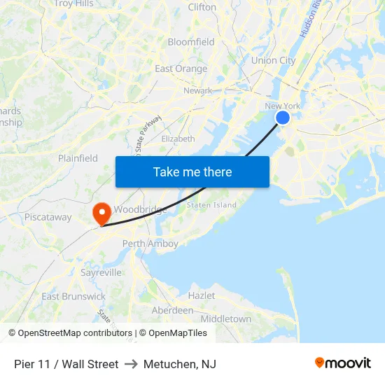Pier 11 / Wall Street to Metuchen, NJ map