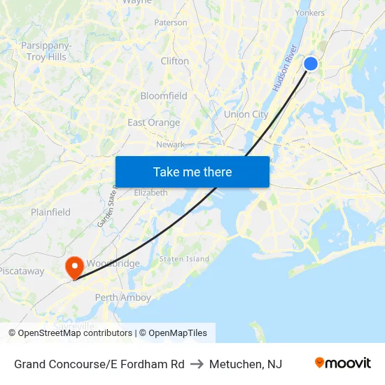 Grand Concourse/E Fordham Rd to Metuchen, NJ map