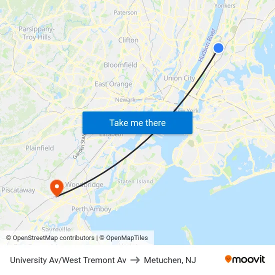 University Av/West Tremont Av to Metuchen, NJ map