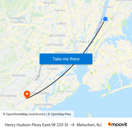 Henry Hudson Pkwy East/W 235 St to Metuchen, NJ map