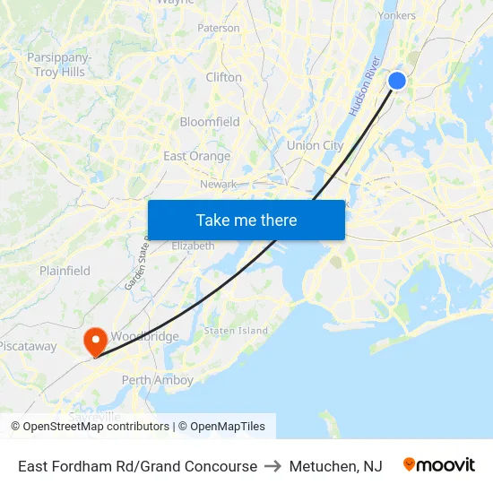 East Fordham Rd/Grand Concourse to Metuchen, NJ map