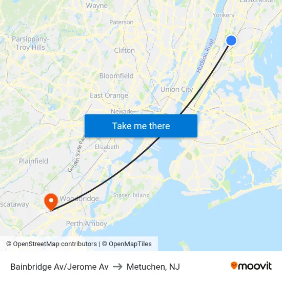 Bainbridge Av/Jerome Av to Metuchen, NJ map
