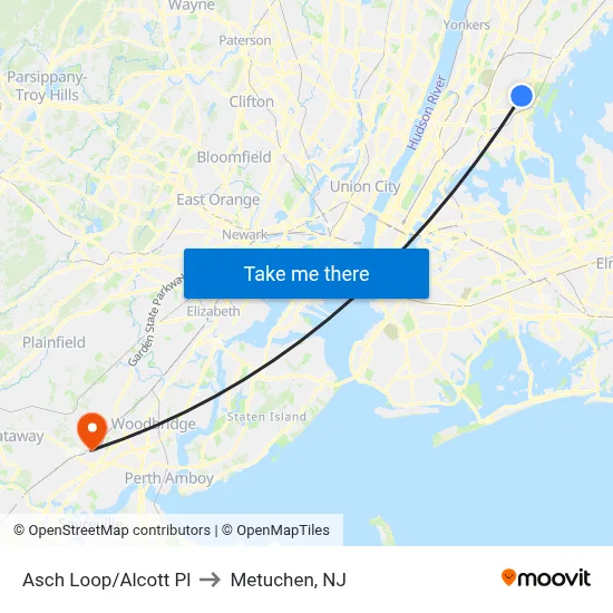Asch Loop/Alcott Pl to Metuchen, NJ map