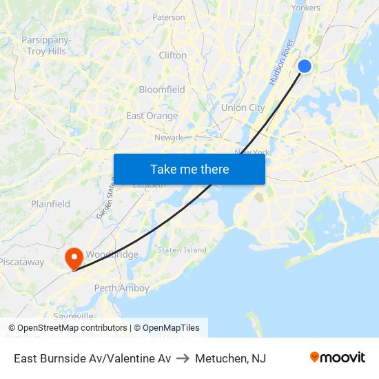 East Burnside Av/Valentine Av to Metuchen, NJ map