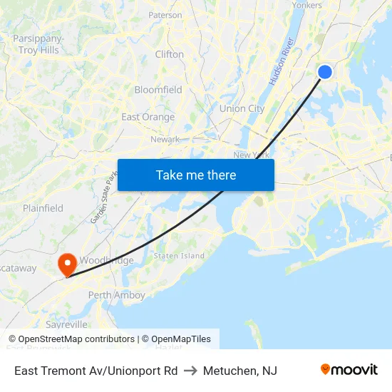 East Tremont Av/Unionport Rd to Metuchen, NJ map