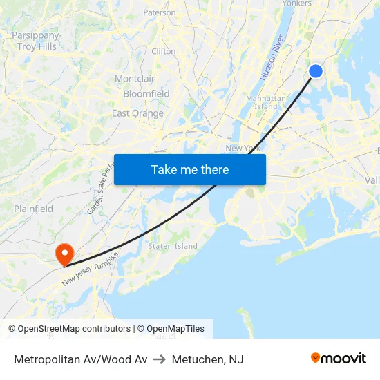 Metropolitan Av/Wood Av to Metuchen, NJ map