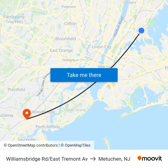 Williamsbridge Rd/East Tremont Av to Metuchen, NJ map