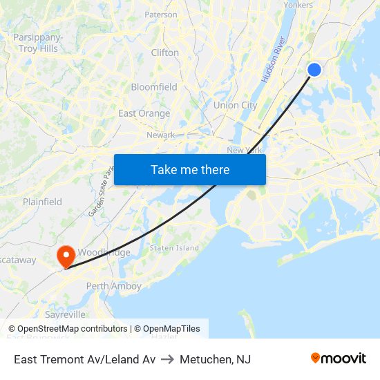 East Tremont Av/Leland Av to Metuchen, NJ map