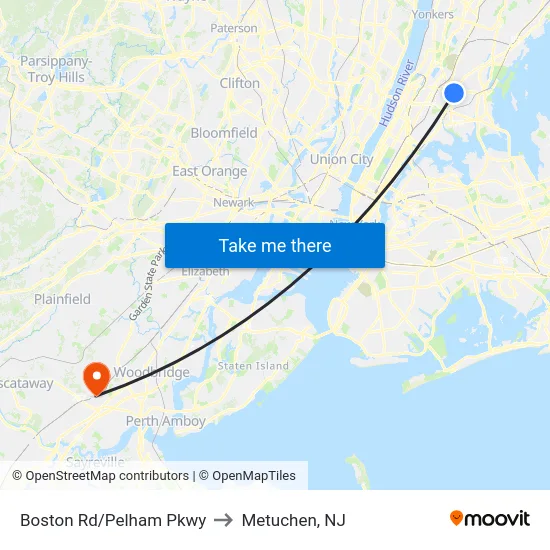 Boston Rd/Pelham Pkwy to Metuchen, NJ map
