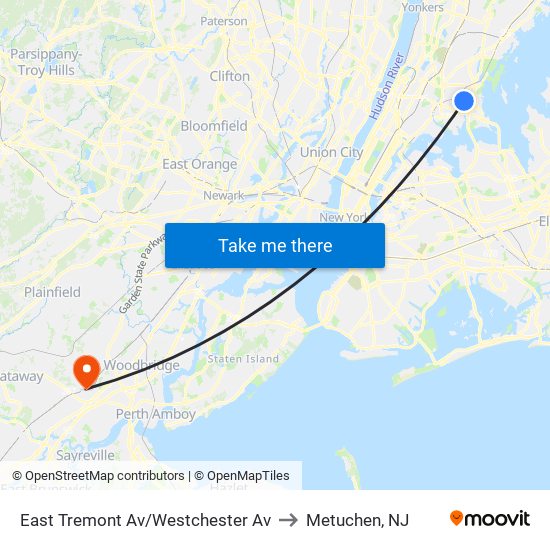 East Tremont Av/Westchester Av to Metuchen, NJ map