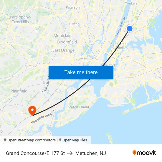 Grand Concourse/E 177 St to Metuchen, NJ map