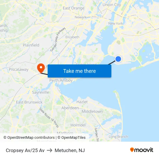 Cropsey Av/25 Av to Metuchen, NJ map