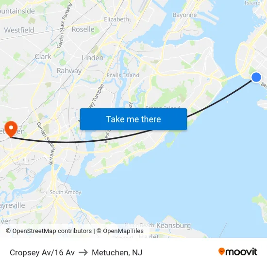 Cropsey Av/16 Av to Metuchen, NJ map