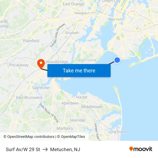 Surf Av/W 29 St to Metuchen, NJ map