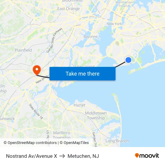 Nostrand Av/Avenue X to Metuchen, NJ map