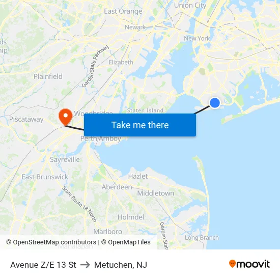 Avenue Z/E 13 St to Metuchen, NJ map