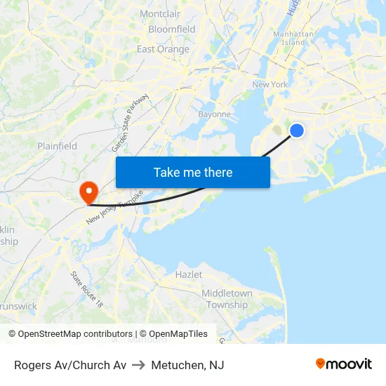 Rogers Av/Church Av to Metuchen, NJ map