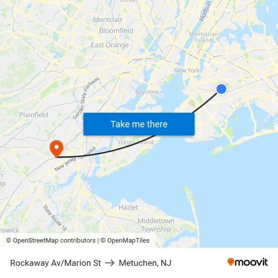 Rockaway Av/Marion St to Metuchen, NJ map