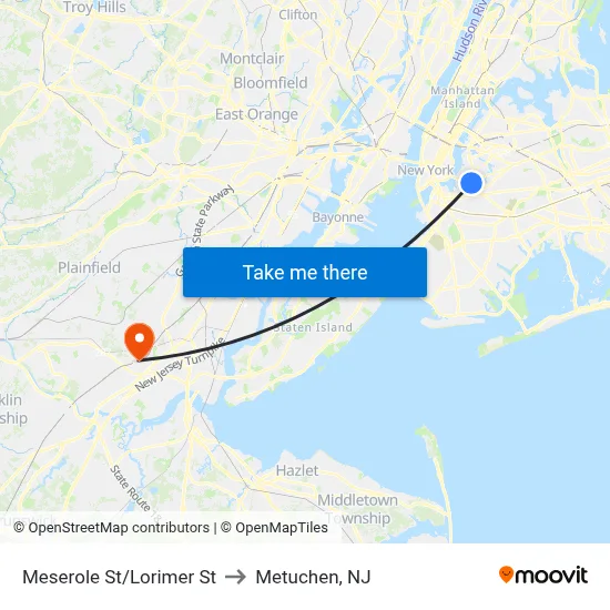 Meserole St/Lorimer St to Metuchen, NJ map