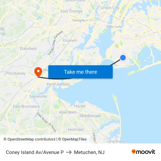Coney Island Av/Avenue P to Metuchen, NJ map