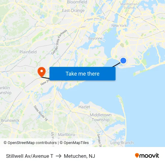 Stillwell Av/Avenue T to Metuchen, NJ map