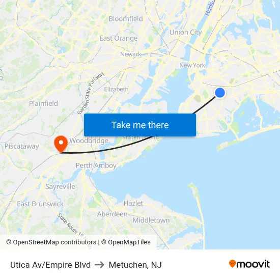 Utica Av/Empire Blvd to Metuchen, NJ map