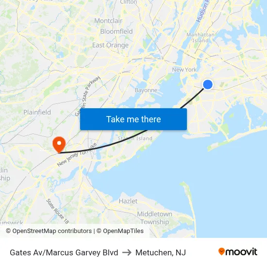 Gates Av/Marcus Garvey Blvd to Metuchen, NJ map