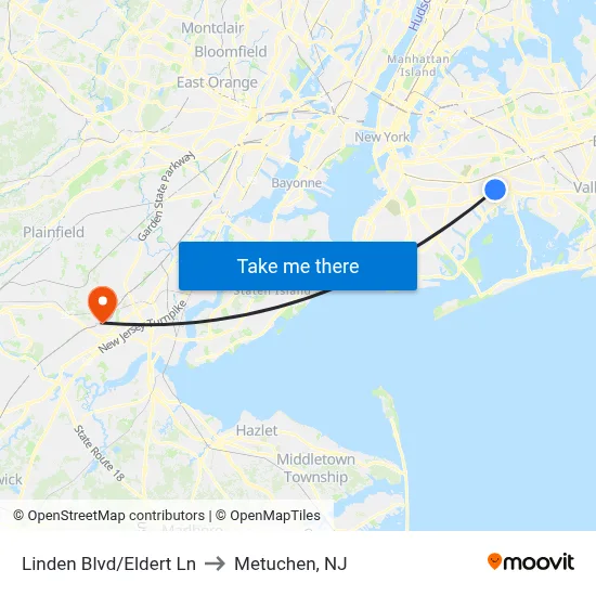 Linden Blvd/Eldert Ln to Metuchen, NJ map