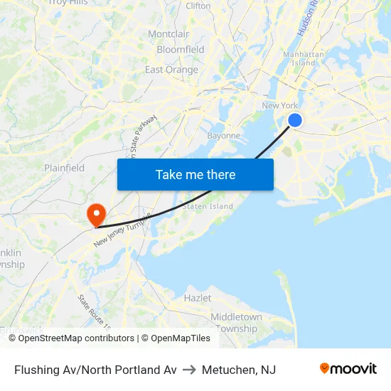 Flushing Av/North Portland Av to Metuchen, NJ map