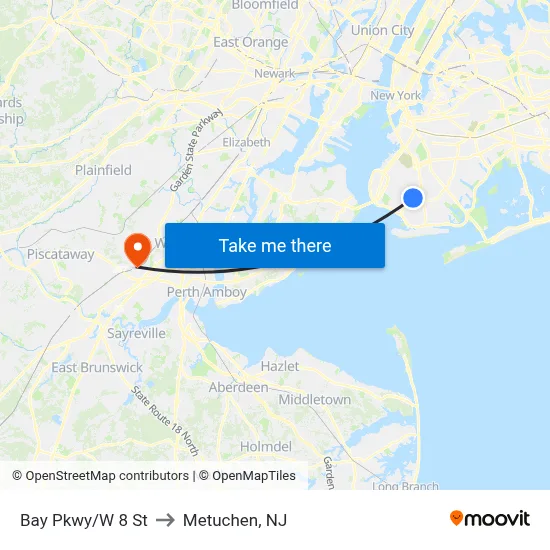 Bay Pkwy/W 8 St to Metuchen, NJ map