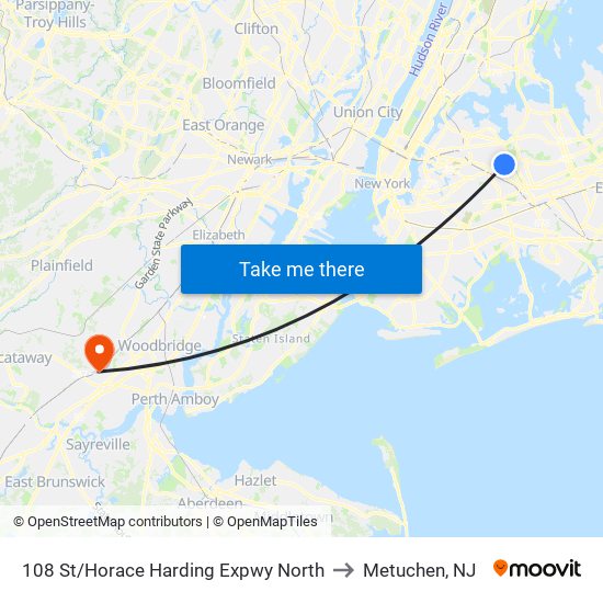 108 St/Horace Harding Expwy North to Metuchen, NJ map