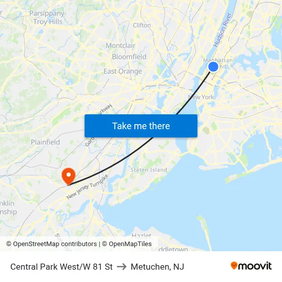 Central Park West/W 81 St to Metuchen, NJ map