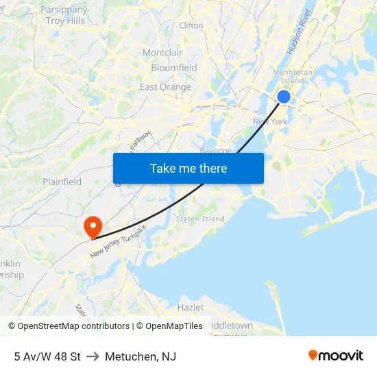 5 Av/W 48 St to Metuchen, NJ map