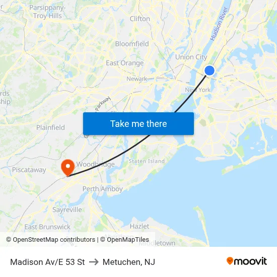 Madison Av/E 53 St to Metuchen, NJ map