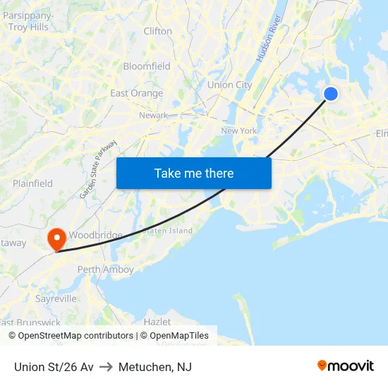 Union St/26 Av to Metuchen, NJ map