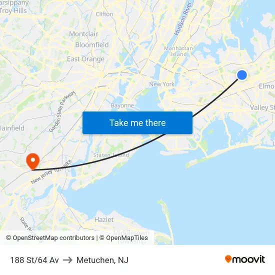 188 St/64 Av to Metuchen, NJ map