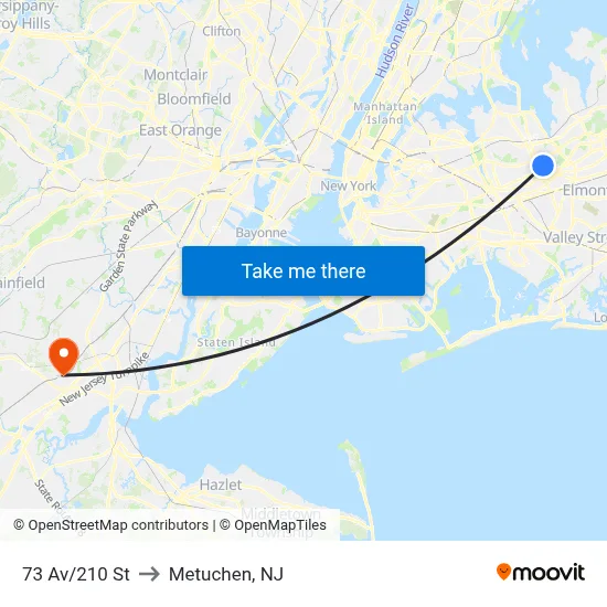 73 Av/210 St to Metuchen, NJ map