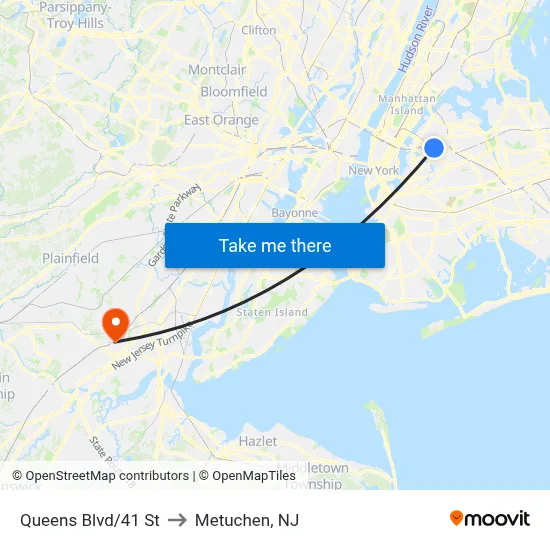 Queens Blvd/41 St to Metuchen, NJ map