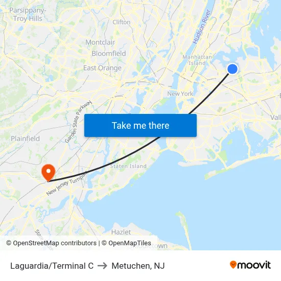 Laguardia/Terminal C to Metuchen, NJ map