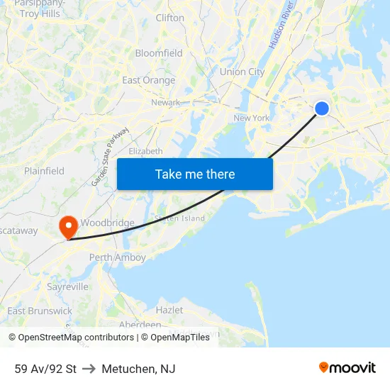 59 Av/92 St to Metuchen, NJ map