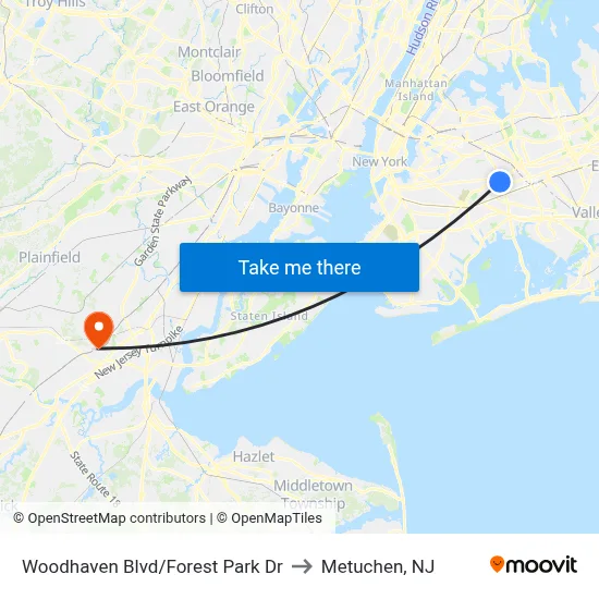 Woodhaven Blvd/Forest Park Dr to Metuchen, NJ map