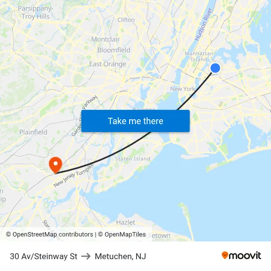 30 Av/Steinway St to Metuchen, NJ map