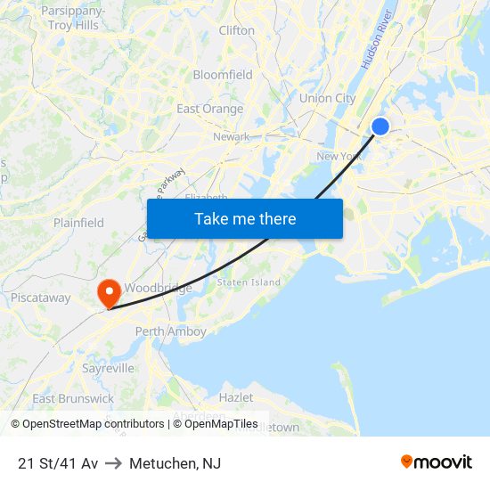21 St/41 Av to Metuchen, NJ map