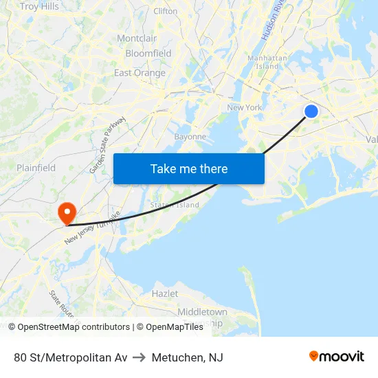 80 St/Metropolitan Av to Metuchen, NJ map