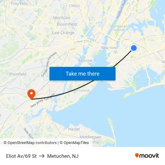 Eliot Av/69 St to Metuchen, NJ map