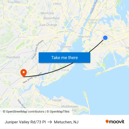 Juniper Valley Rd/73 Pl to Metuchen, NJ map