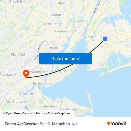 Forest Av/Bleecker St to Metuchen, NJ map