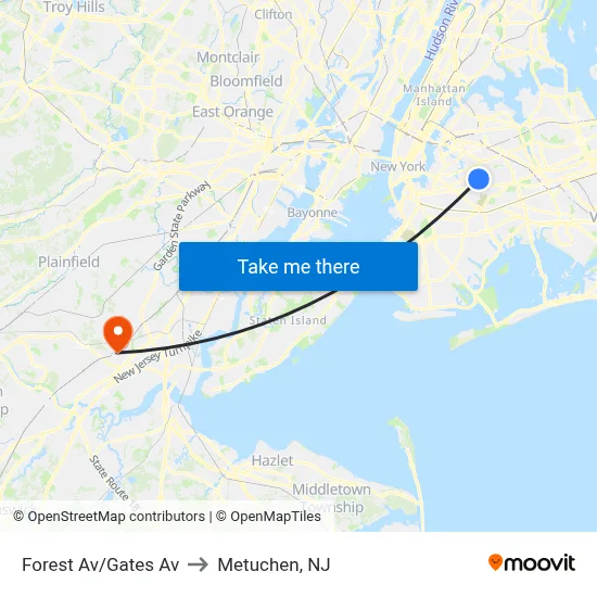 Forest Av/Gates Av to Metuchen, NJ map
